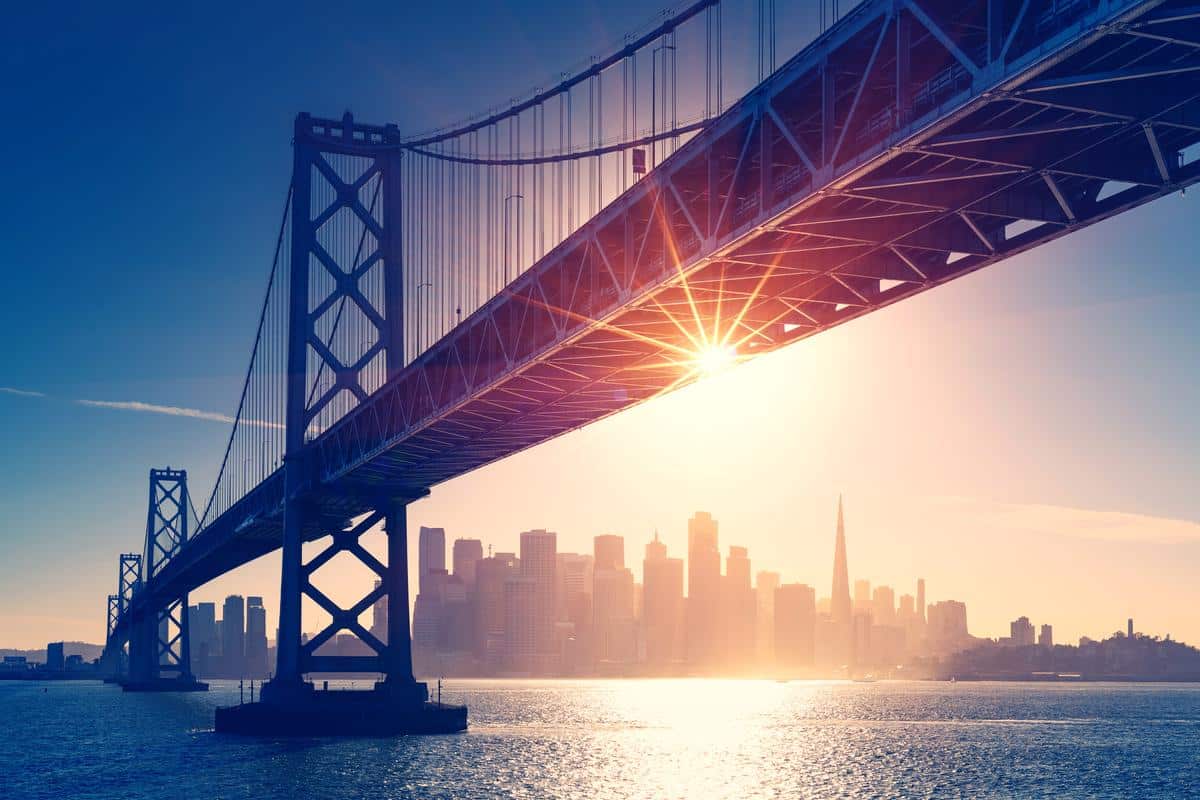 San Francisco skyline retro view. America spirit - California theme. USA background