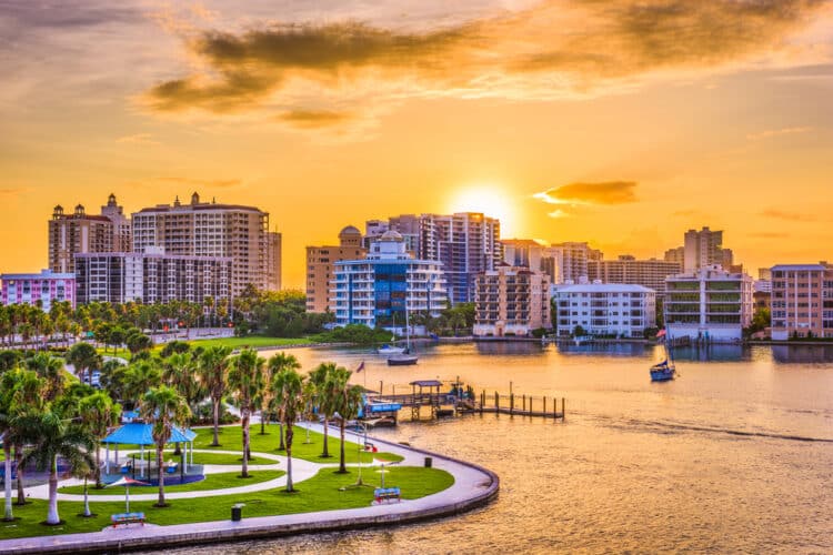 Sarasota, Florida, USA downtown skyline on the bay at sunrise