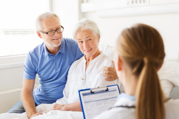 patient's health plan a senior woman man and doctor