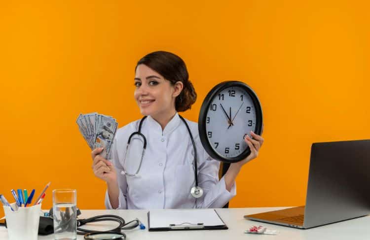 registered nurse holding money and a clock