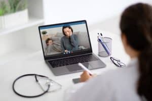 office operations with a virtual medical receptionist, doctor talking to the patient virtual