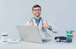 office operations with a virtual medical receptionist, happy doctor thumbs up