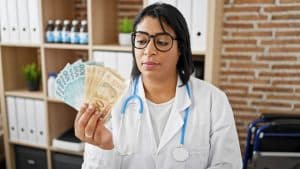 patient interaction with virtual medical receptionists female doctor holding money