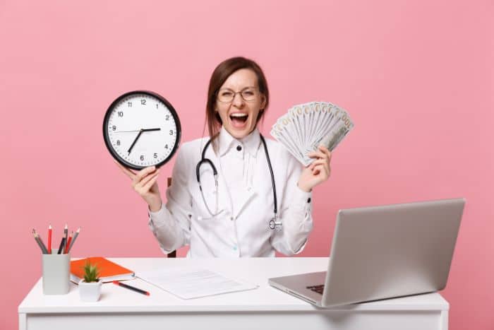 utilizing a virtual medical receptionist, happy doctor holding a clock and money