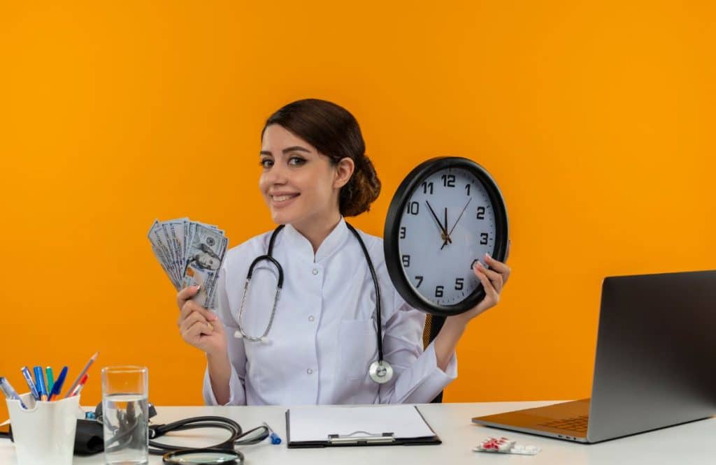 virtual medical receptionist cost savings and efficiency, VA holding money and clock