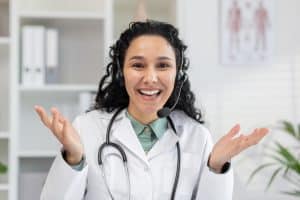 virtual medical receptionists communication, happy doctor talking something