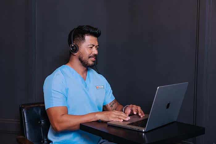 wearing blue scrub